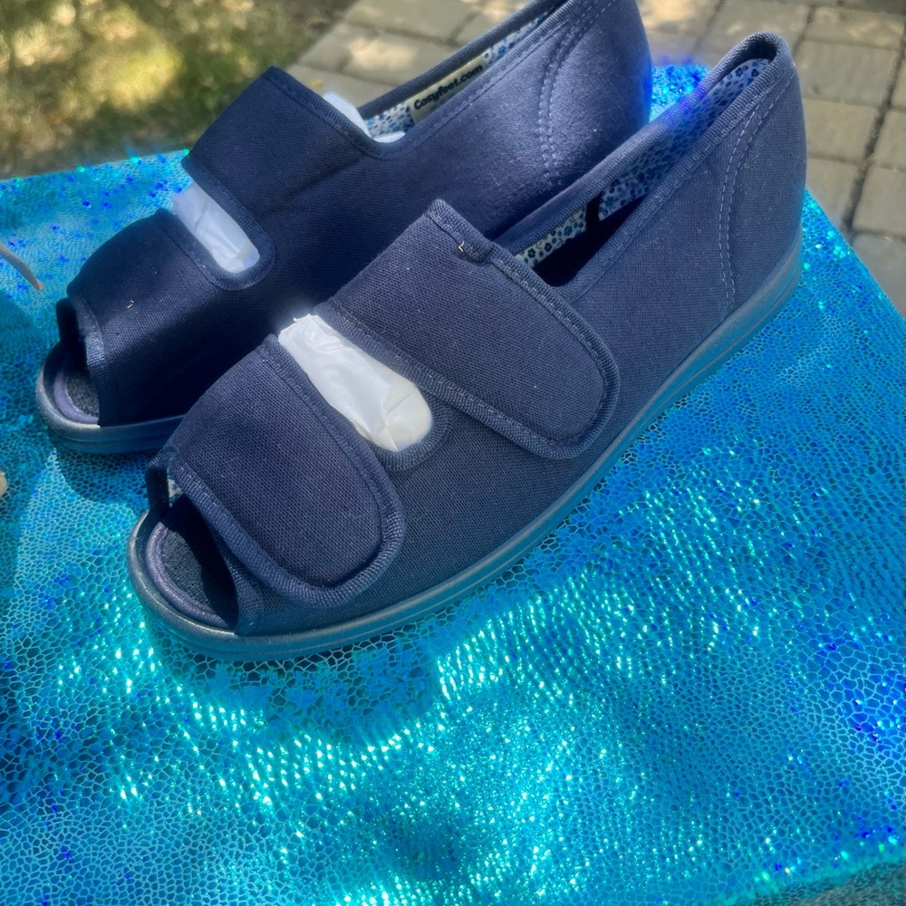 Navy Blue Cosyfeet Milly Extra Roomy Strappy Open-Toe Comfy Sneaks!
